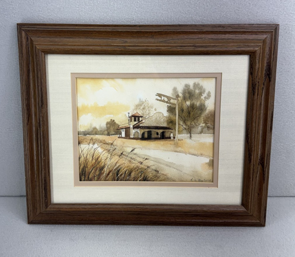 Vintage KB Bostwick Framed Watercolor Landscape Painting Rustic Cabin Wall Art